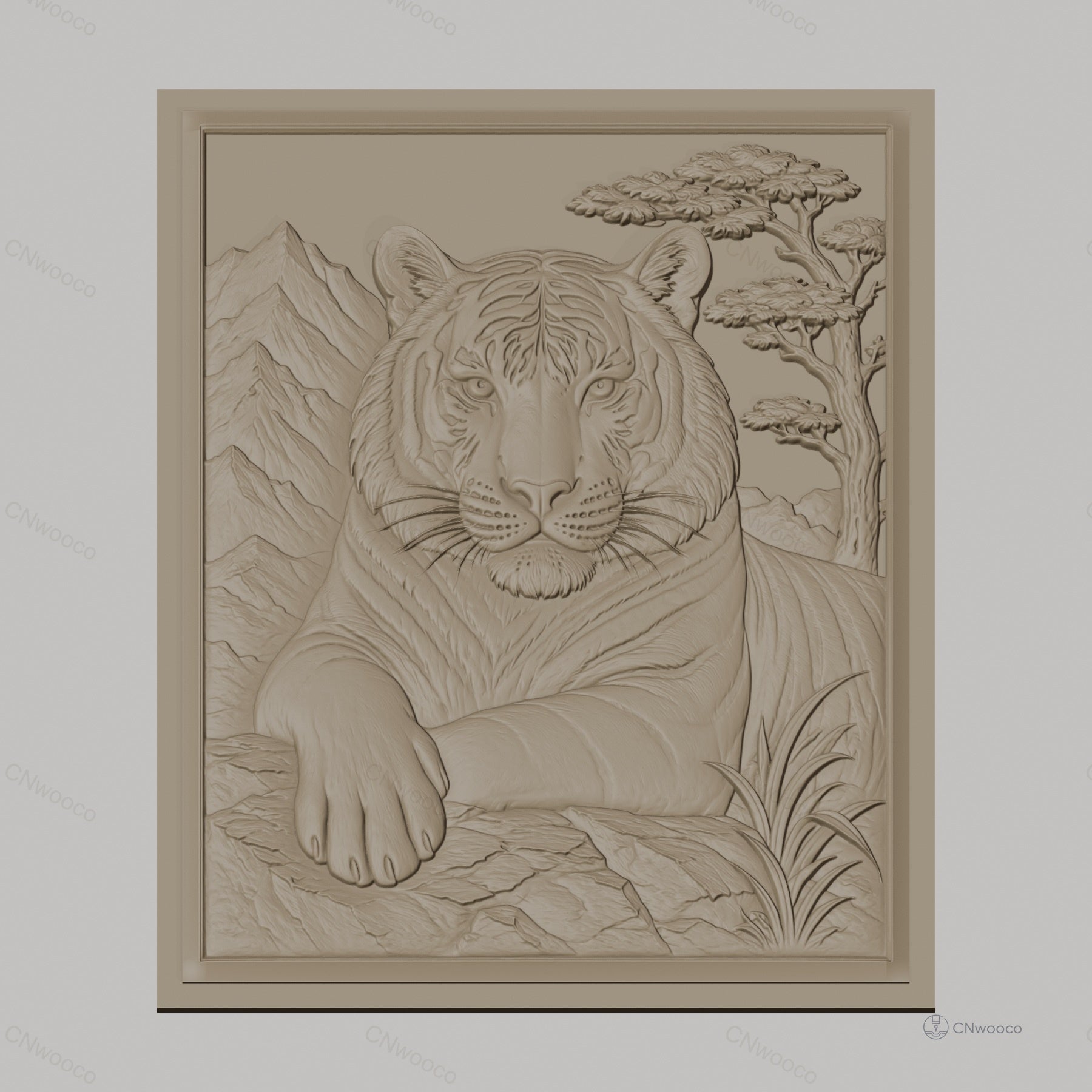 Fichier CNC & impression 3D tigre reposant, relief montagne arbre haute qualité relief STL