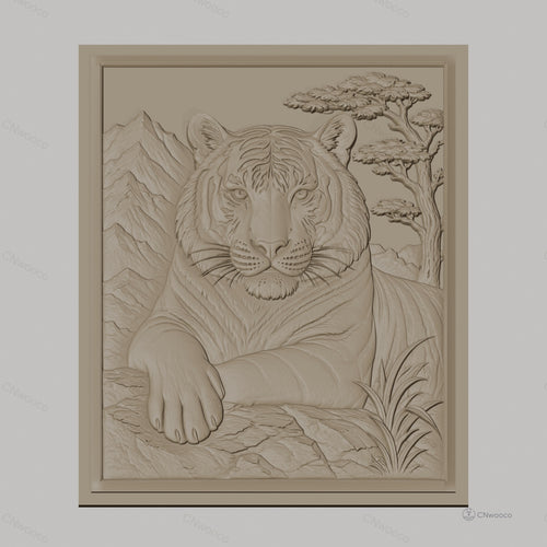 Fichier CNC & impression 3D tigre reposant, relief montagne arbre haute qualité relief STL