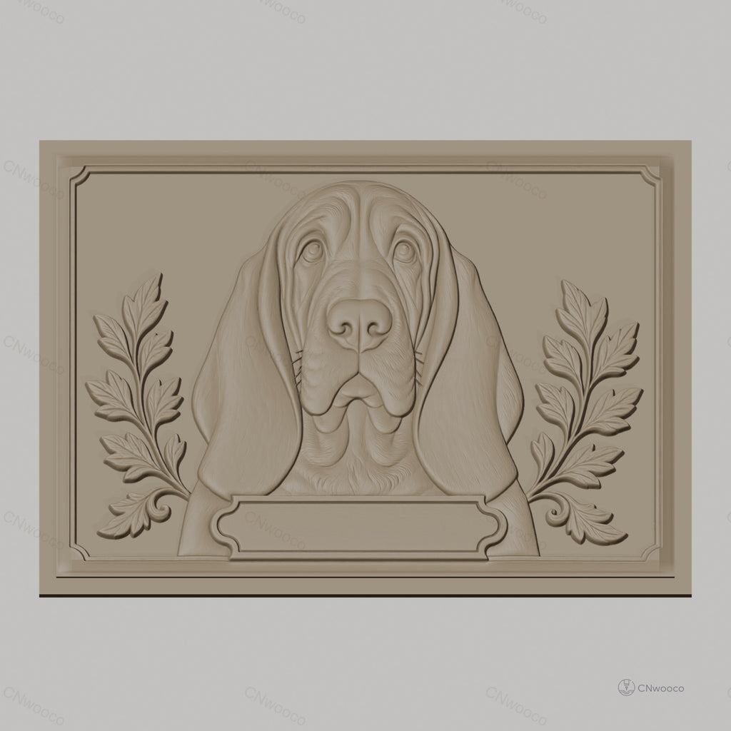 Fichier CNC & impression 3D Chien Basset, portrait en relief avec feuilles décoratives, haute qualité relief STL