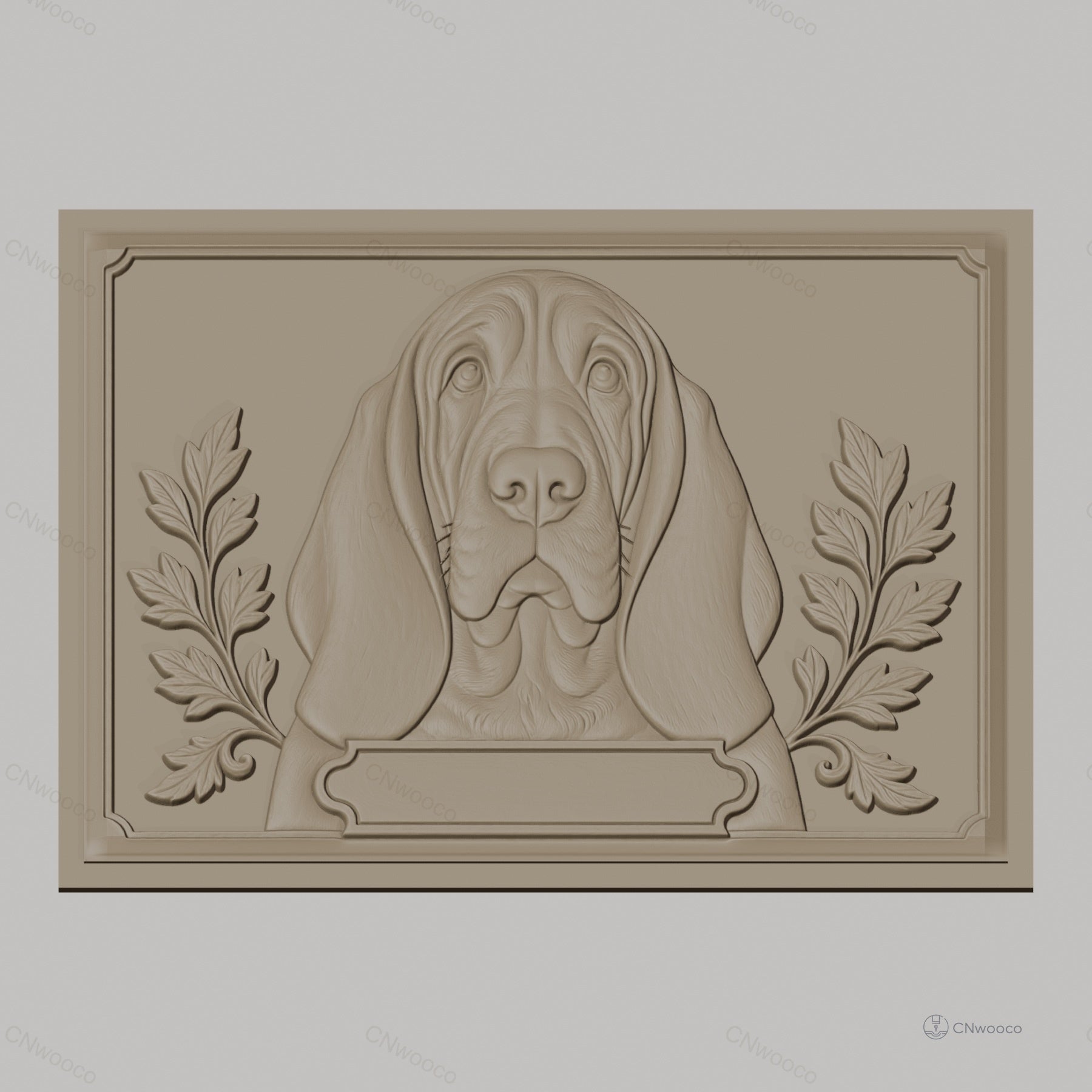 Fichier CNC & impression 3D Chien Basset, portrait en relief avec feuilles décoratives, haute qualité relief STL
