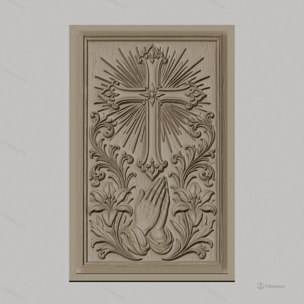 Fichier CNC & impression 3D religieux, croix, mains en prière et lys, haute qualité relief STL