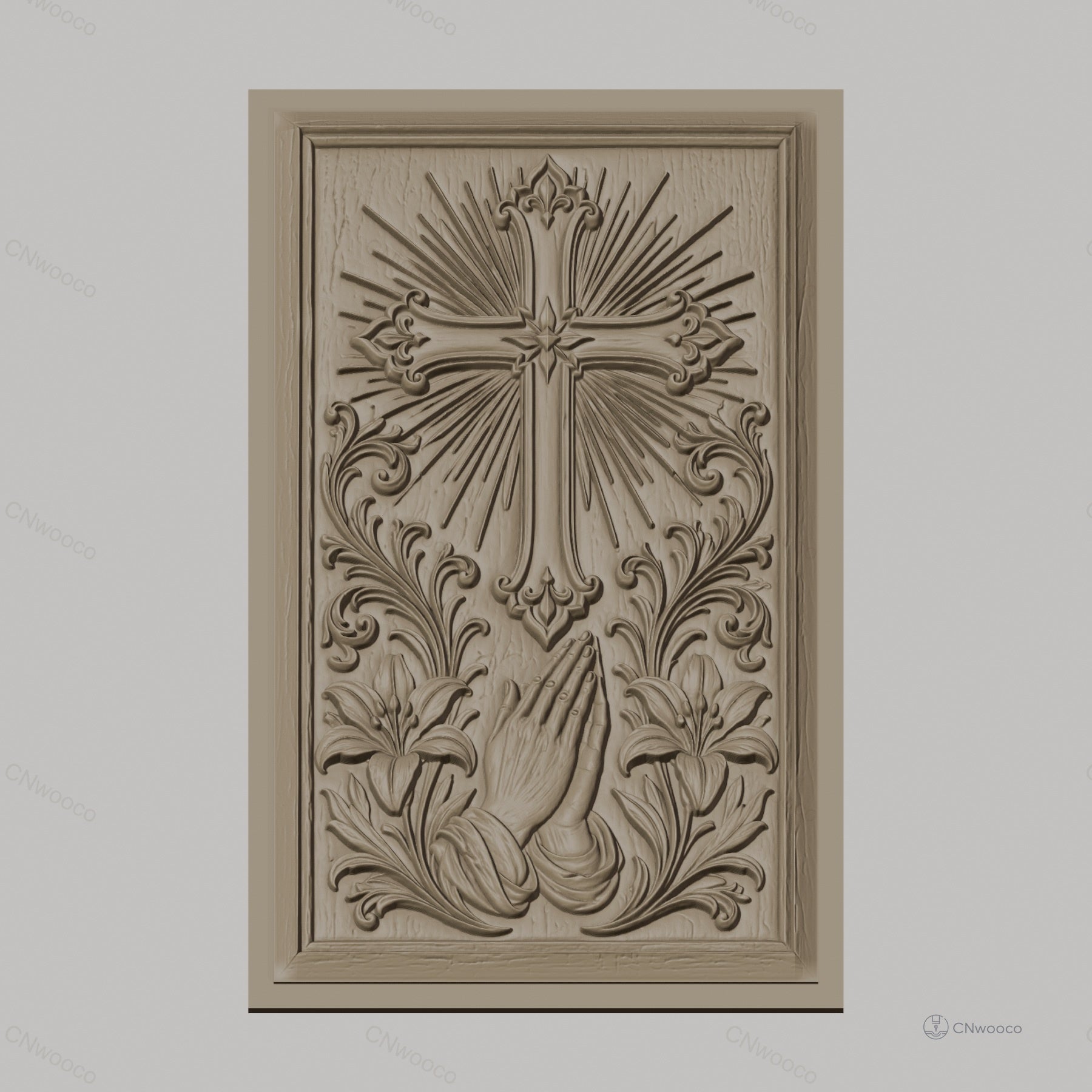 Fichier CNC & impression 3D religieux, croix, mains en prière et lys, haute qualité relief STL