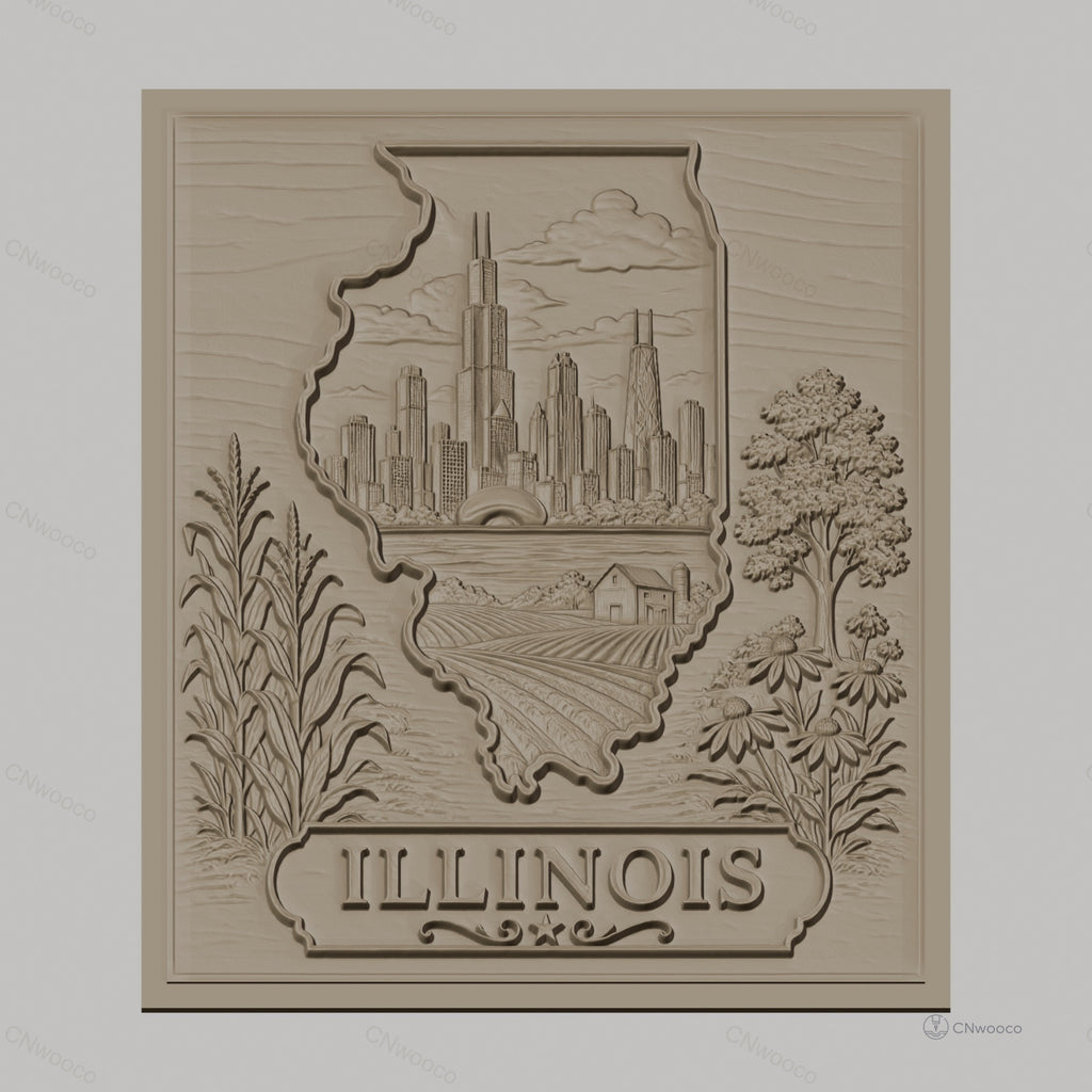 Fichier CNC & impression 3D Illinois, skyline Chicago, ferme, maïs, fleurs, arbre, haute qualité relief STL