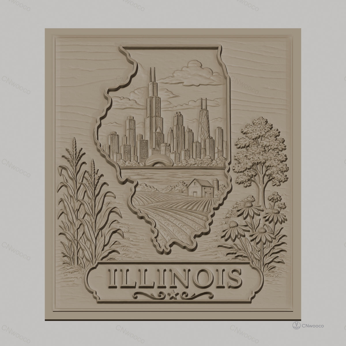 Fichier CNC & impression 3D Illinois, skyline Chicago, ferme, maïs, fleurs, arbre, haute qualité relief STL