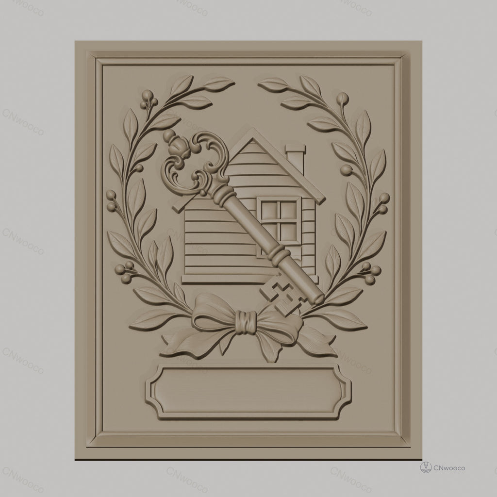 Fichier CNC & impression 3D clé vintage et maison avec couronne de feuilles, haute qualité relief STL