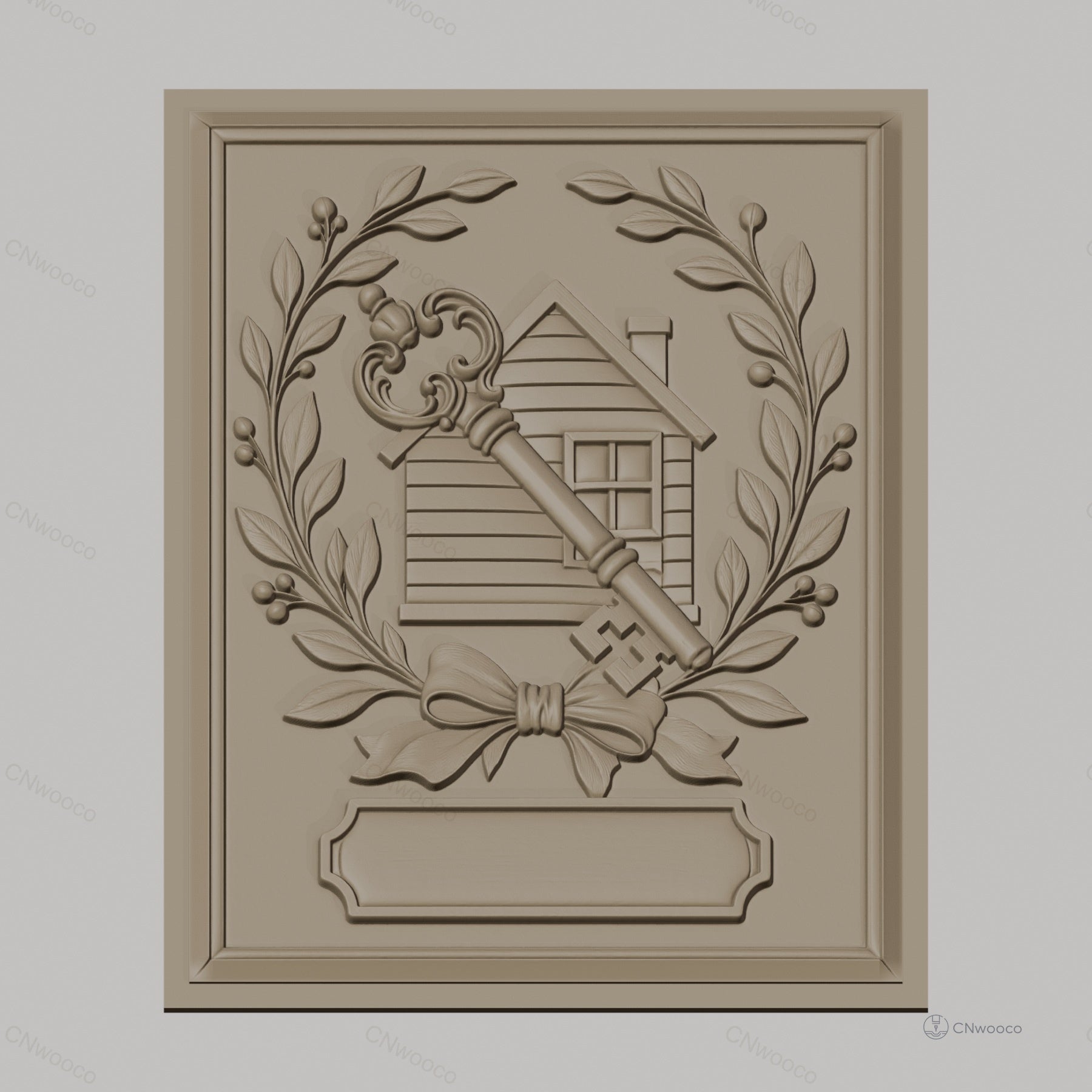 Fichier CNC & impression 3D clé vintage et maison avec couronne de feuilles, haute qualité relief STL
