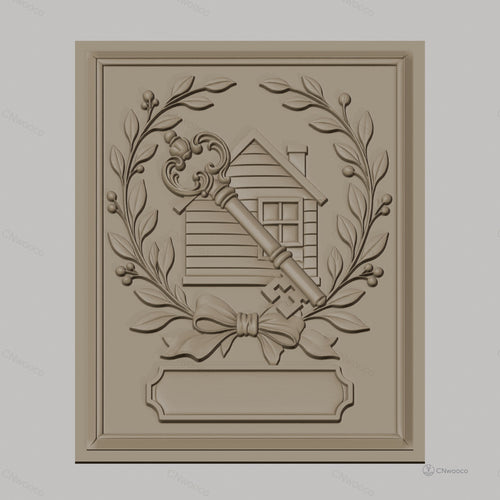 Fichier CNC & impression 3D clé vintage et maison avec couronne de feuilles, haute qualité relief STL