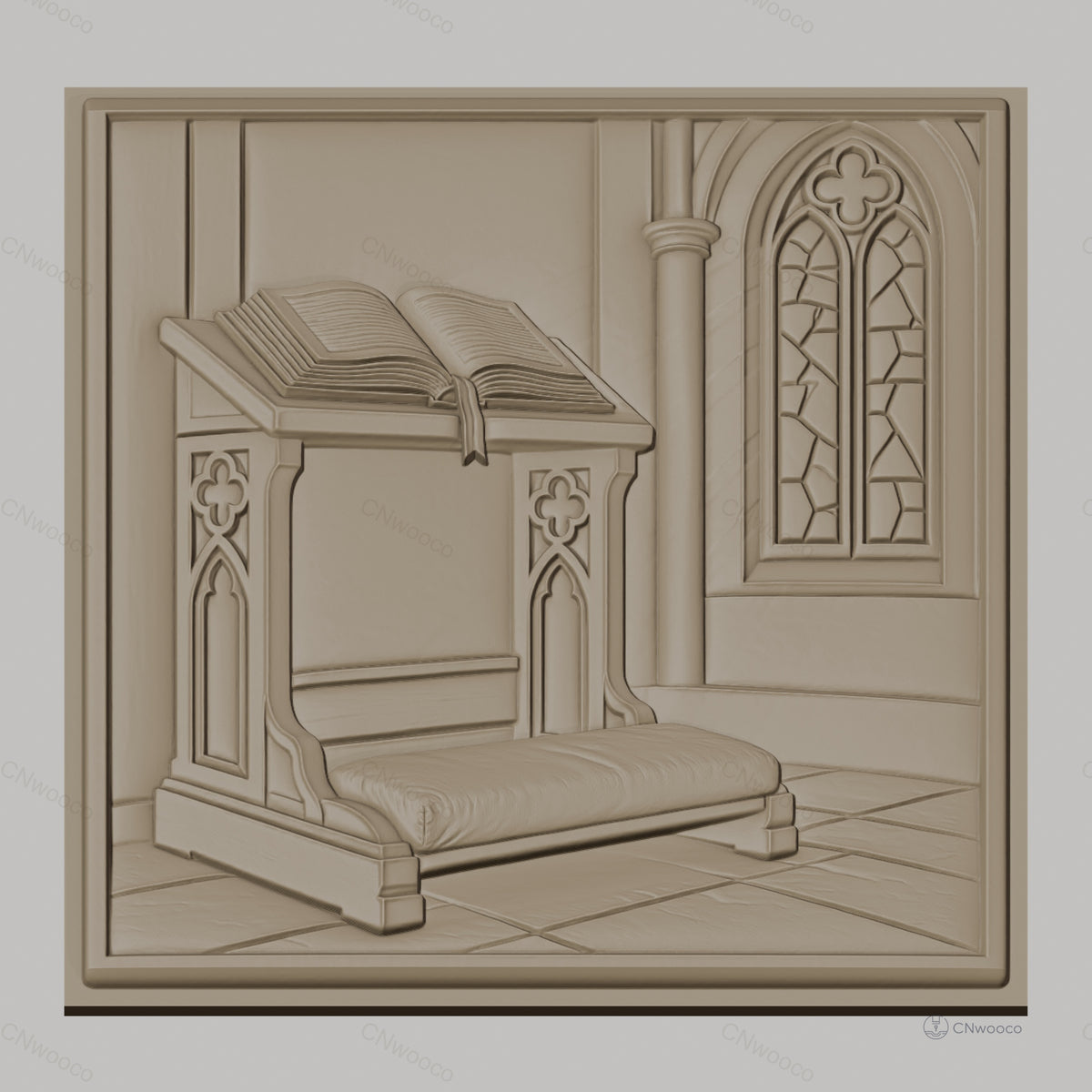 Fichier CNC & impression 3D pupitre de prière, livre ouvert et fenêtre gothique, haute qualité relief STL