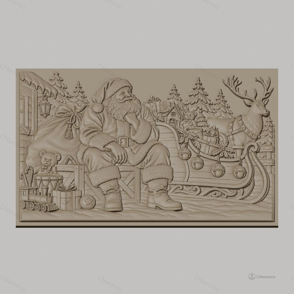 Fichier CNC & impression 3D Noël, Père Noël avec traîneau, rennes, cadeaux et sapins, haute qualité relief STL