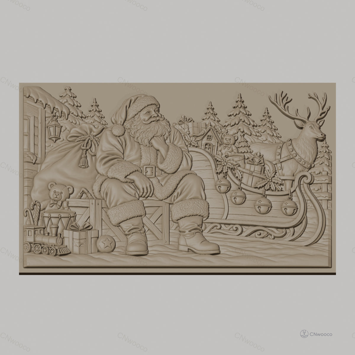 Fichier CNC & impression 3D Noël, Père Noël avec traîneau, rennes, cadeaux et sapins, haute qualité relief STL