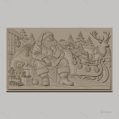 Fichier CNC & impression 3D Noël, Père Noël avec traîneau, rennes, cadeaux et sapins, haute qualité relief STL