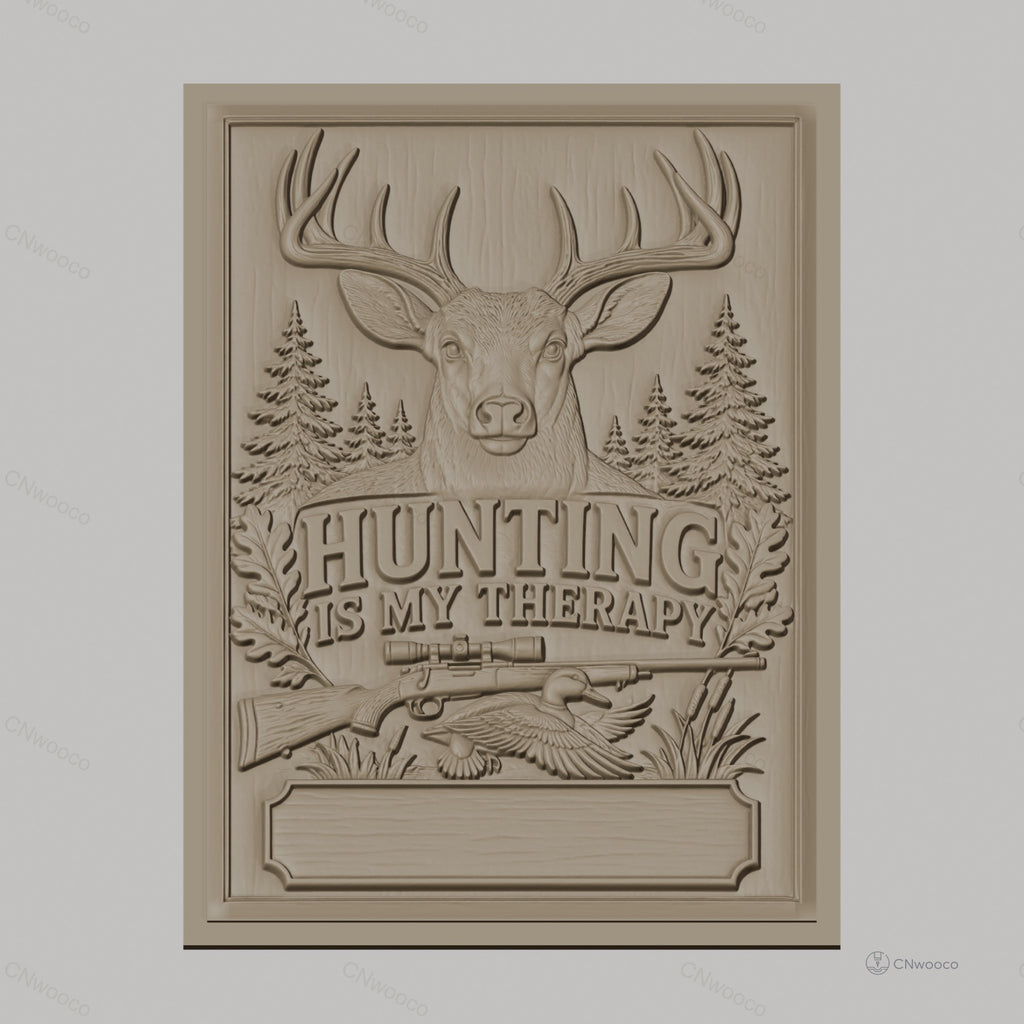 Fichier CNC & impression 3D chasse, cerf, fusil, canard, forêt, texte Hunting is my therapy, haute qualité relief STL