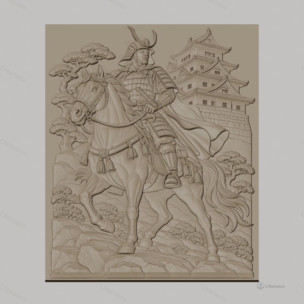 Fichier CNC & impression 3D samouraï à cheval, château japonais, arbres et rochers, haute qualité relief STL