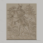 Fichier CNC & impression 3D samouraï à cheval, château japonais, arbres et rochers, haute qualité relief STL