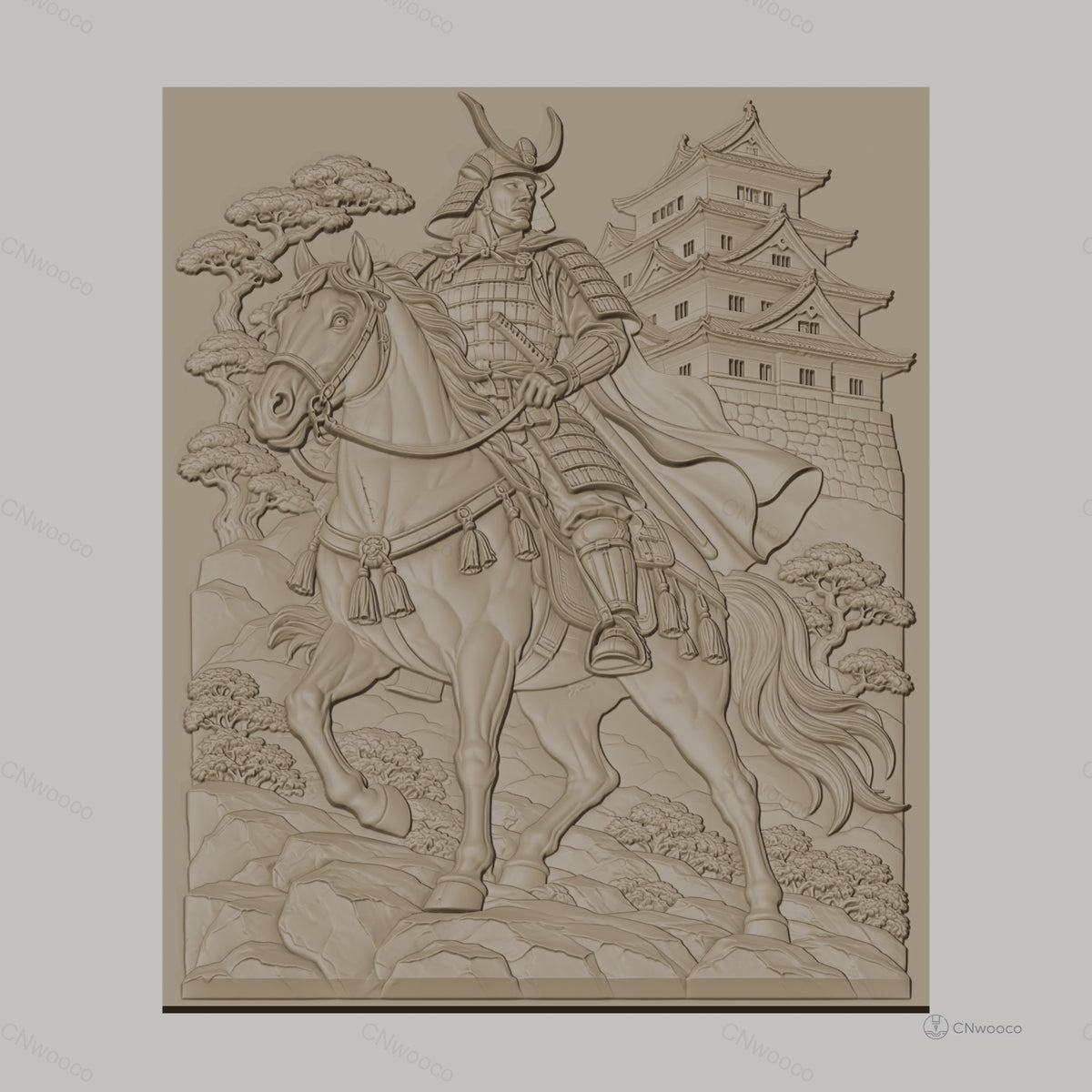 Fichier CNC & impression 3D samouraï à cheval, château japonais, arbres et rochers, haute qualité relief STL