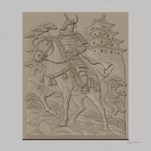 Fichier CNC & impression 3D samouraï à cheval, château japonais, arbres et rochers, haute qualité relief STL
