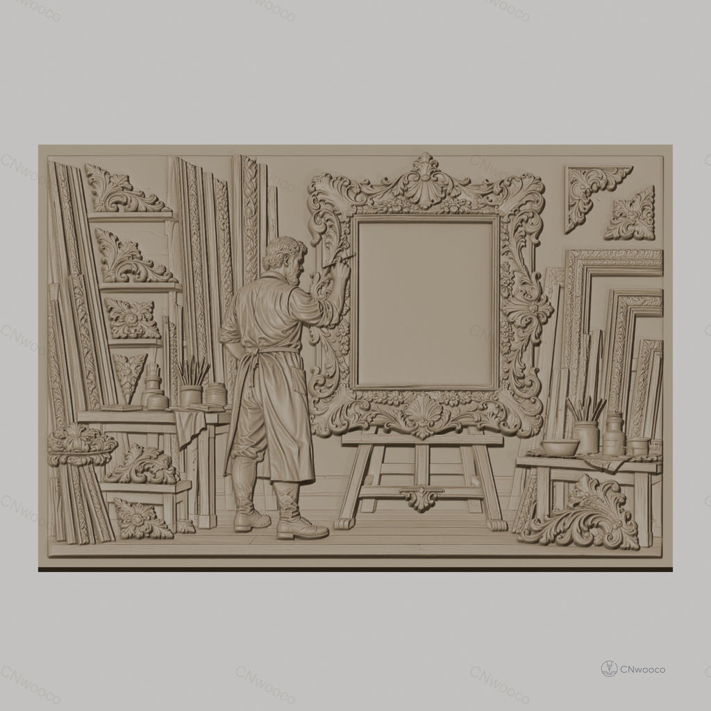 Fichier CNC & impression 3D atelier de cadreur, homme artiste sculptant cadre ornementé, haute qualité relief STL