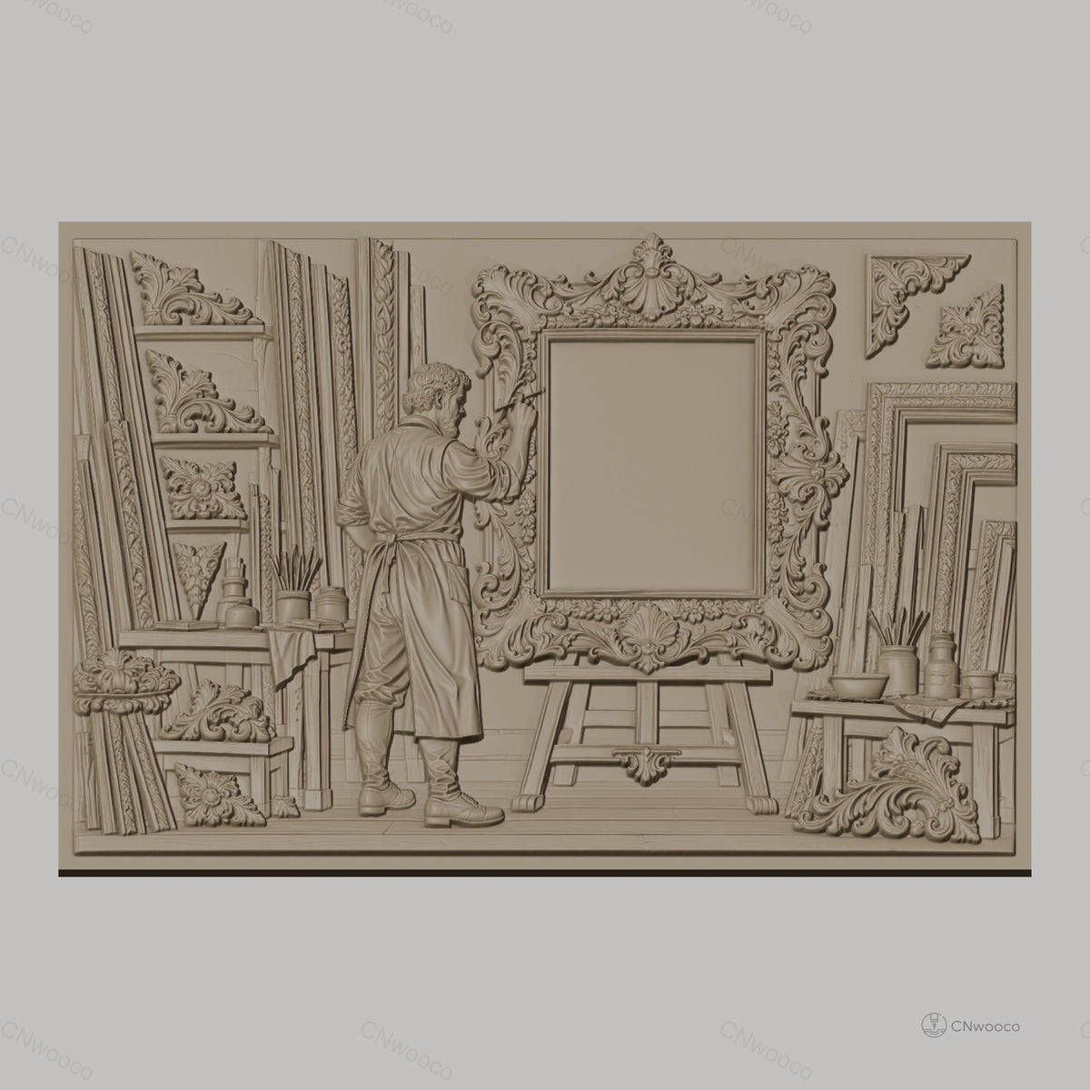 Fichier CNC & impression 3D atelier de cadreur, homme artiste sculptant cadre ornementé, haute qualité relief STL