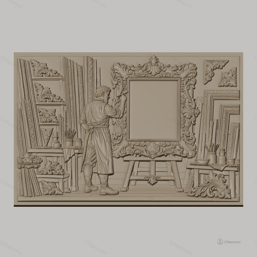 Fichier CNC & impression 3D atelier de cadreur, homme artiste sculptant cadre ornementé, haute qualité relief STL