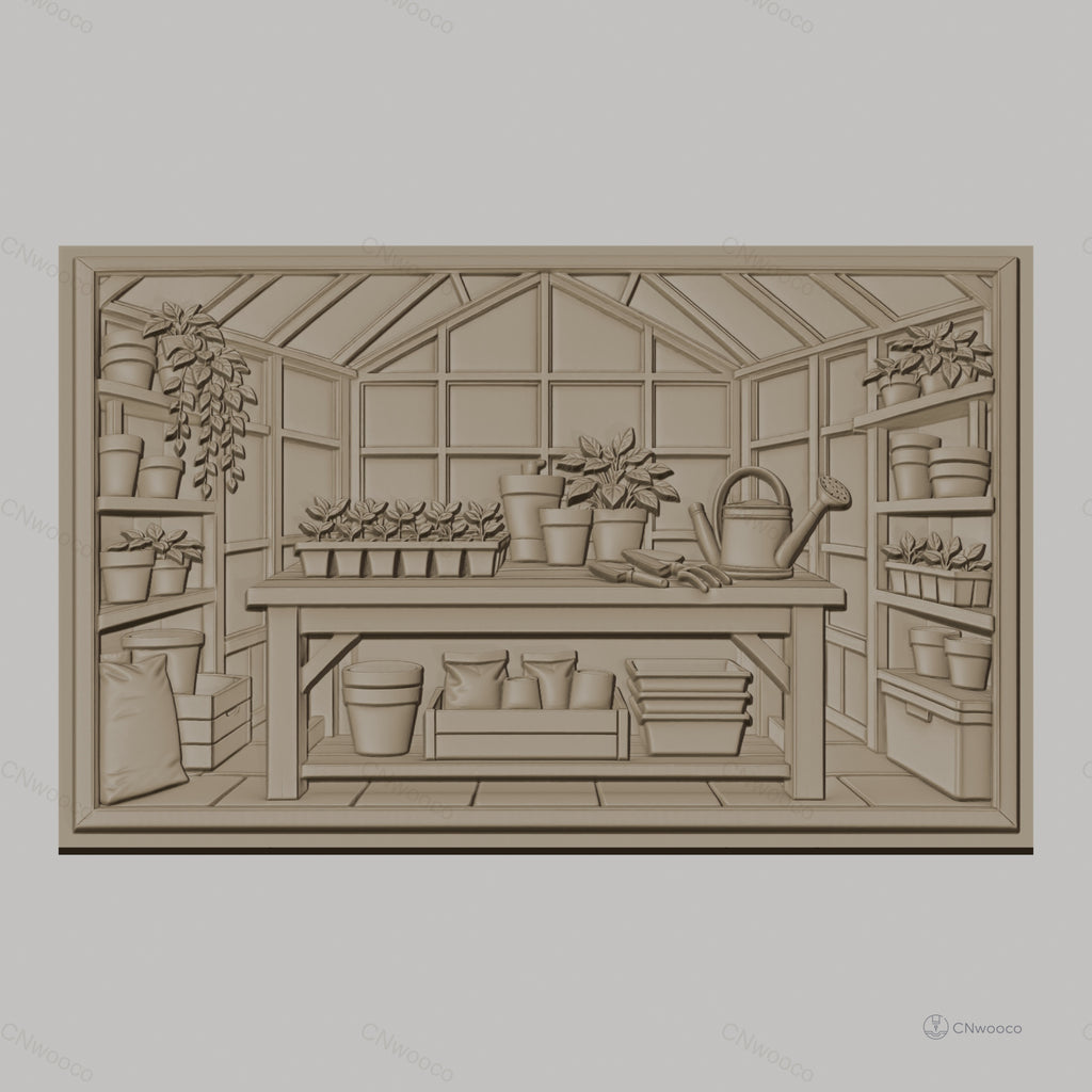 Fichier CNC & impression 3D serre de jardin, table avec pots, outils de jardinage haute qualité relief STL