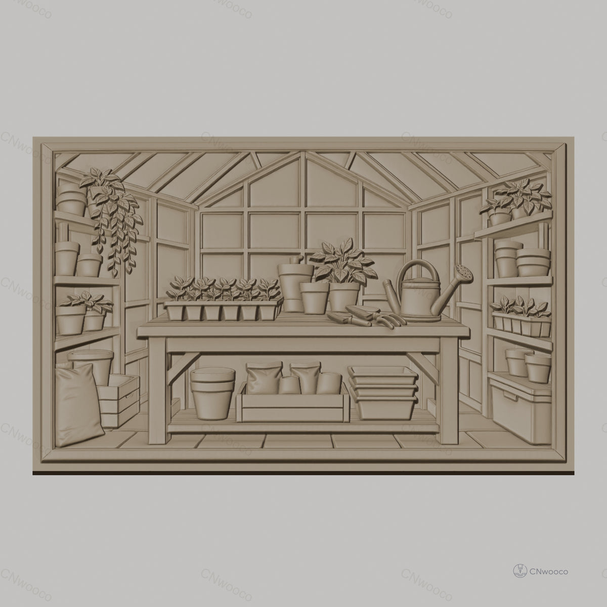 Fichier CNC & impression 3D serre de jardin, table avec pots, outils de jardinage haute qualité relief STL