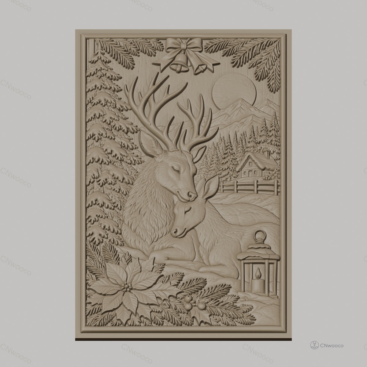 Fichier CNC & impression 3D cerfs, sapins, cabane, lanterne, poinsettia, bois, haute qualité relief STL