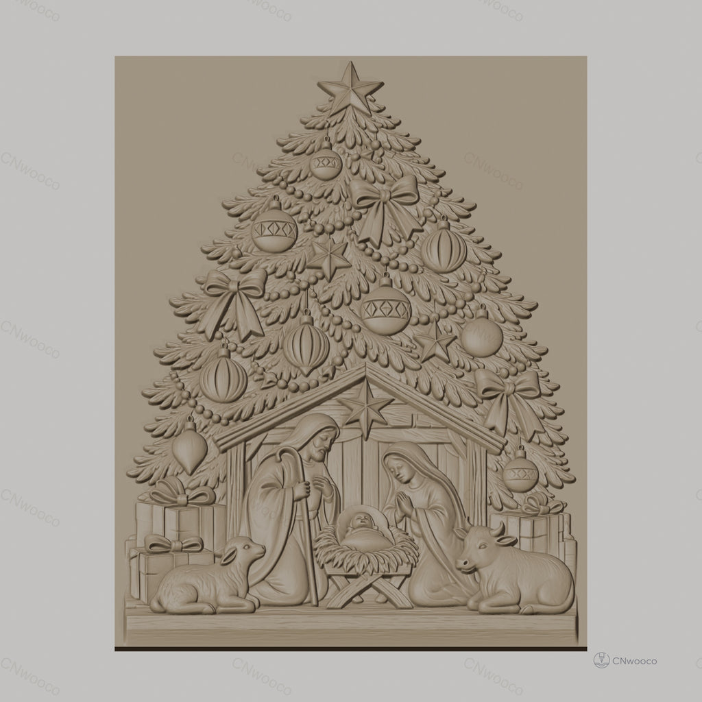 Fichier CNC & impression 3D scène de la Nativité, sapin de Noël et décorations, haute qualité relief STL