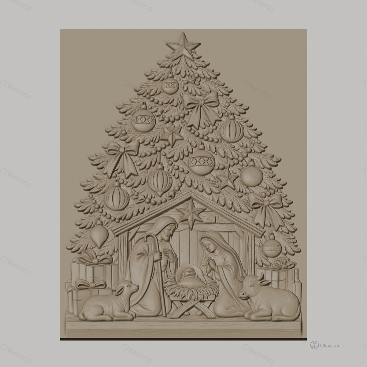 Fichier CNC & impression 3D scène de la Nativité, sapin de Noël et décorations, haute qualité relief STL