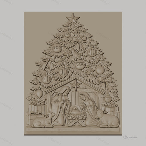 Fichier CNC & impression 3D scène de la Nativité, sapin de Noël et décorations, haute qualité relief STL