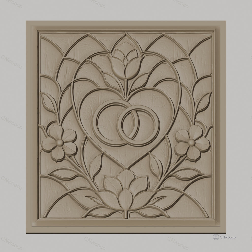 Fichier CNC & impression 3D mariage, cœurs entrelacés et fleurs, haute qualité relief STL