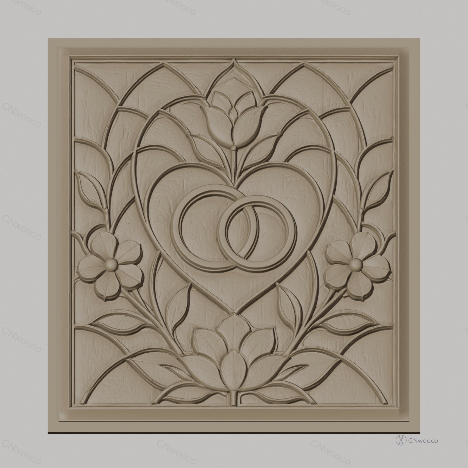 Fichier CNC & impression 3D mariage, cœurs entrelacés et fleurs, haute qualité relief STL