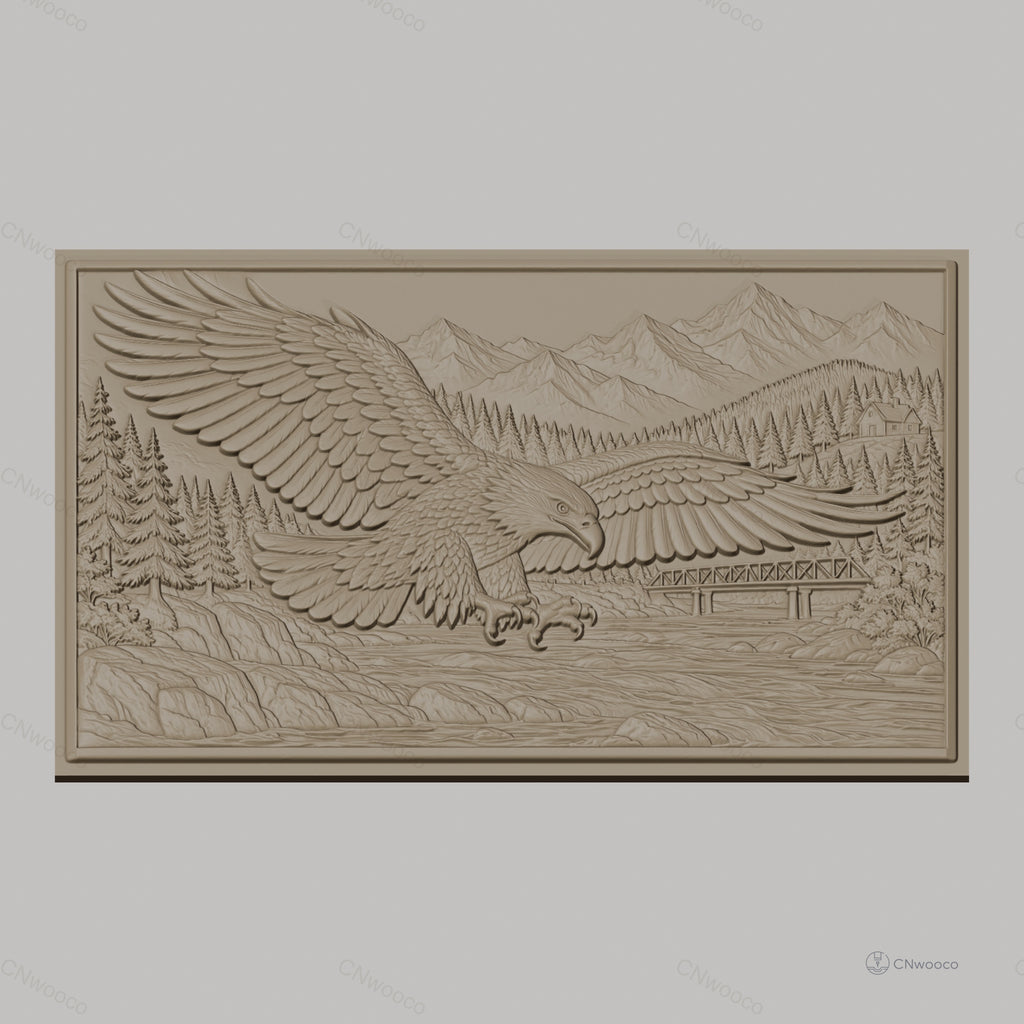 Fichier CNC & impression 3D aigle en vol, rivière, pont, montagne et forêt, haute qualité relief STL