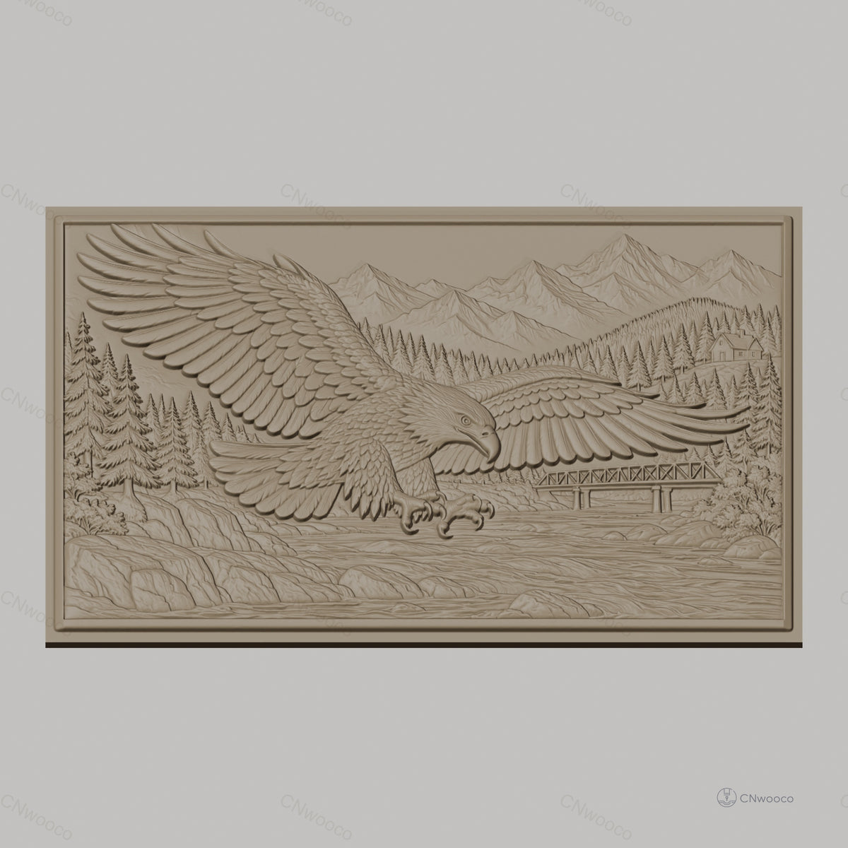 Fichier CNC & impression 3D aigle en vol, rivière, pont, montagne et forêt, haute qualité relief STL