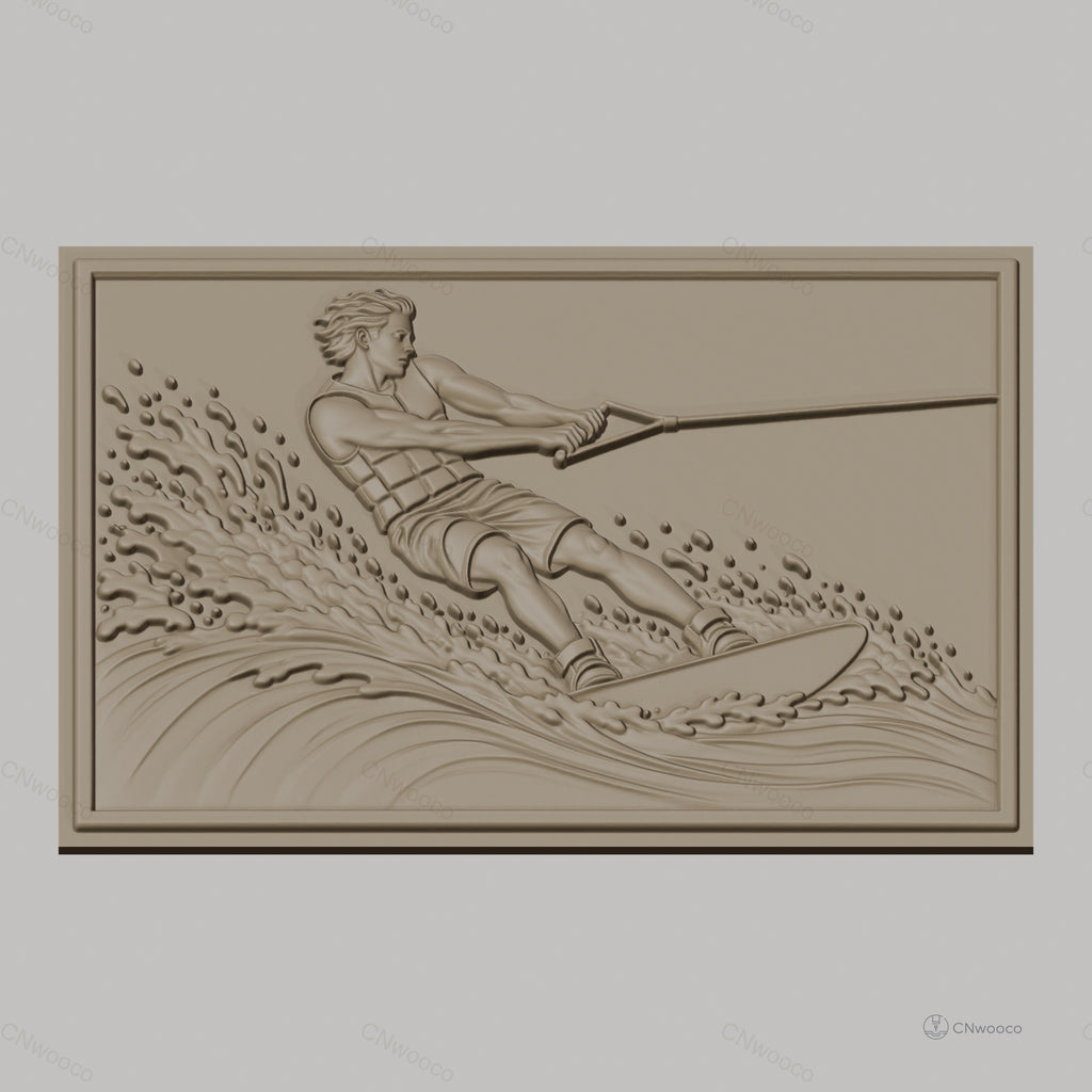 Fichier CNC & impression 3D skieur nautique, homme en action avec éclaboussures d'eau, haute qualité relief STL