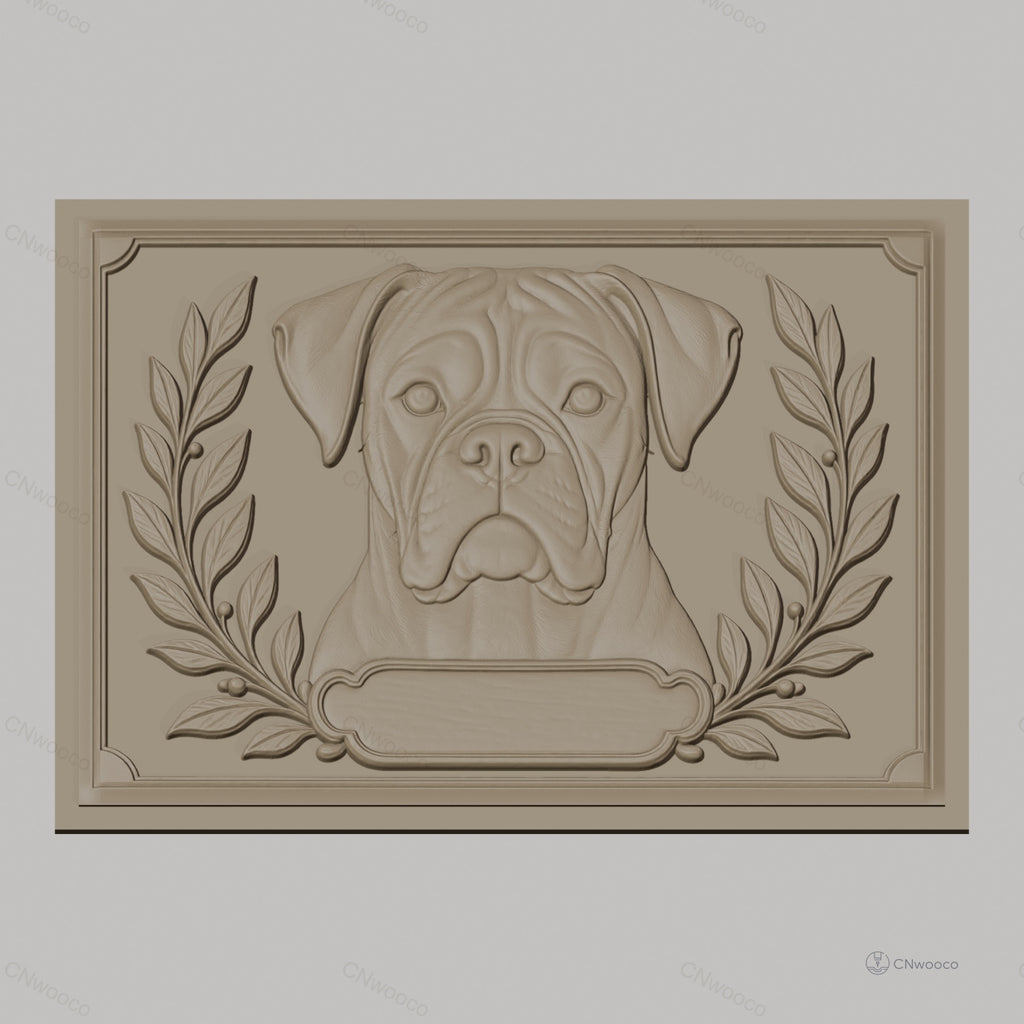 Fichier CNC & impression 3D Boxer chien, portrait avec feuilles et cadre ornemental, haute qualité relief STL