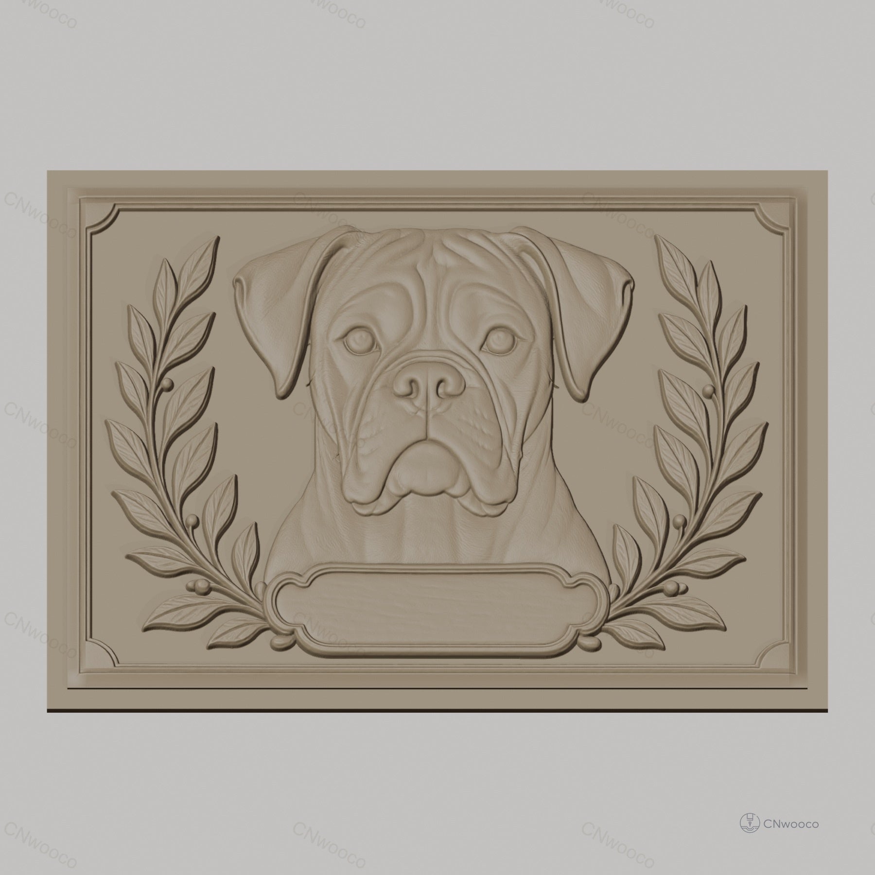 Fichier CNC & impression 3D Boxer chien, portrait avec feuilles et cadre ornemental, haute qualité relief STL