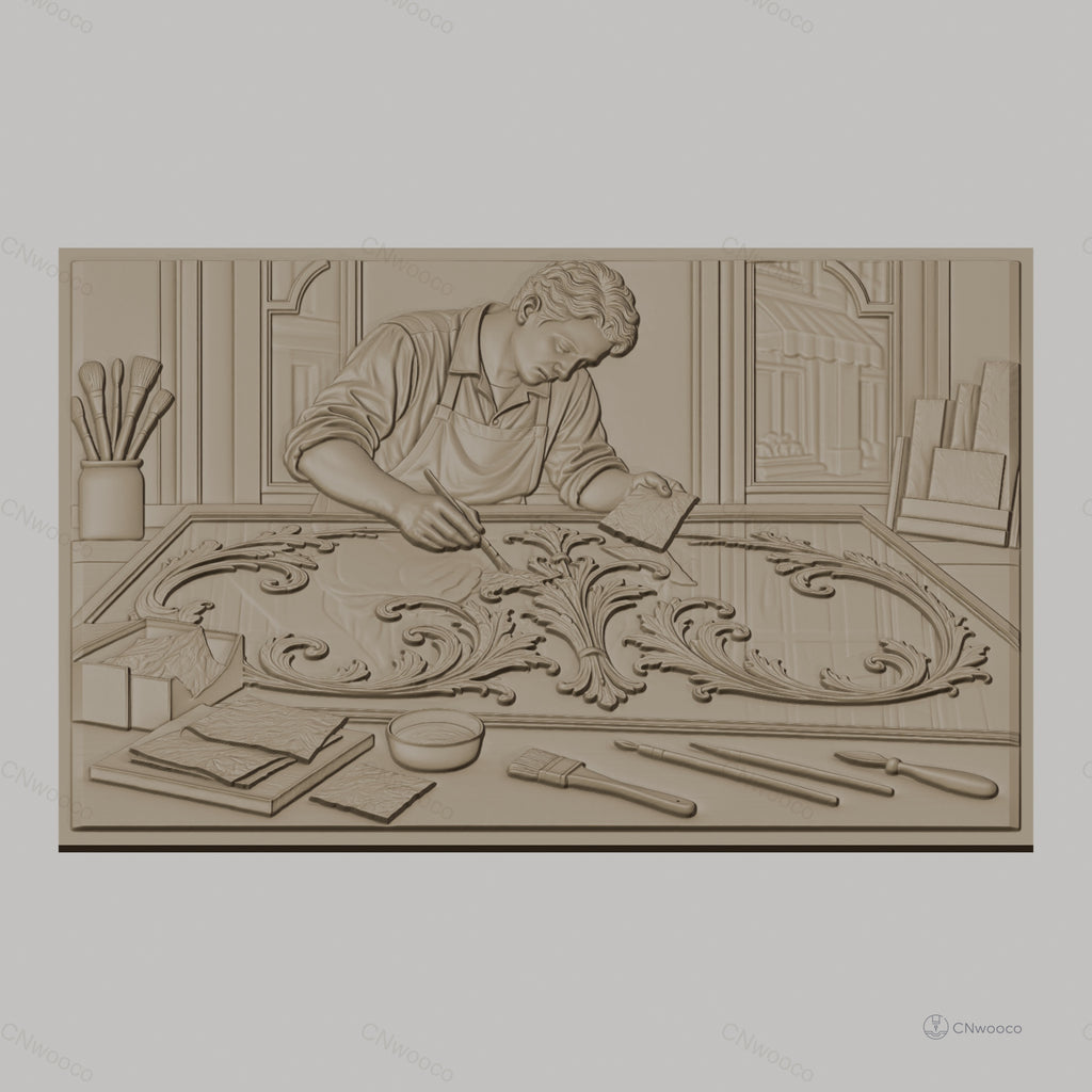 Fichier CNC & impression 3D artisan appliquant feuille d'or, pinceaux et motifs baroques, haute qualité relief STL