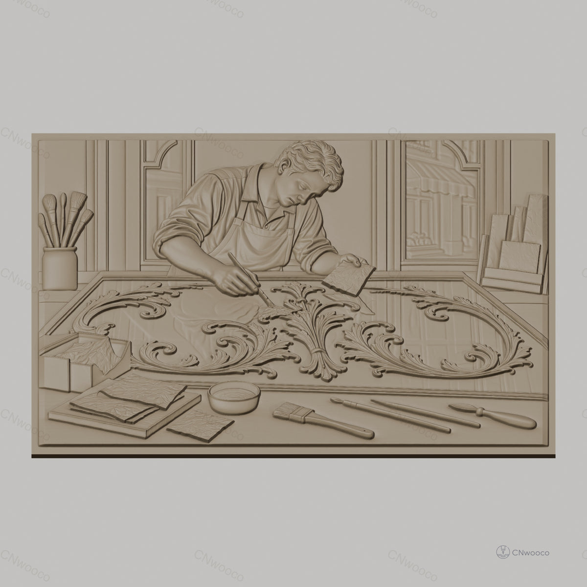 Fichier CNC & impression 3D artisan appliquant feuille d'or, pinceaux et motifs baroques, haute qualité relief STL