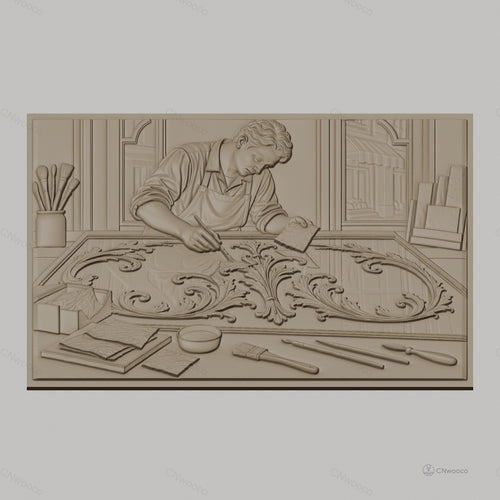 Fichier CNC & impression 3D artisan appliquant feuille d'or, pinceaux et motifs baroques, haute qualité relief STL