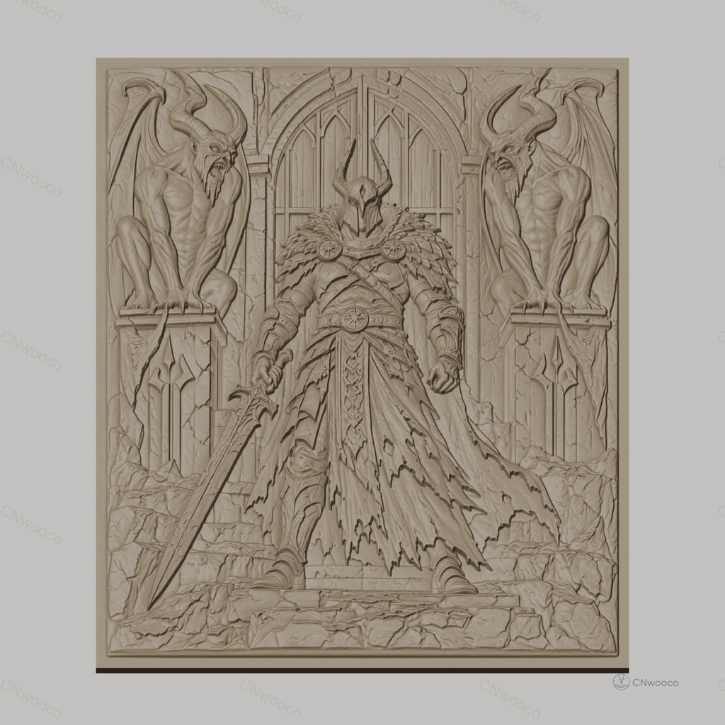 Fichier CNC & impression 3D guerrier médiéval avec épée et gargouilles, haute qualité relief STL