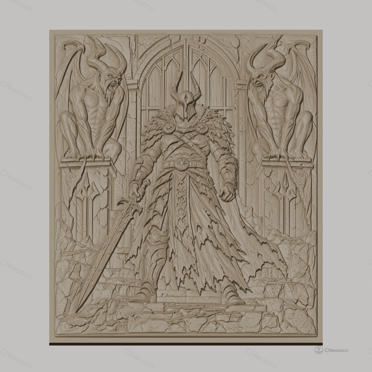 Fichier CNC & impression 3D guerrier médiéval avec épée et gargouilles, haute qualité relief STL