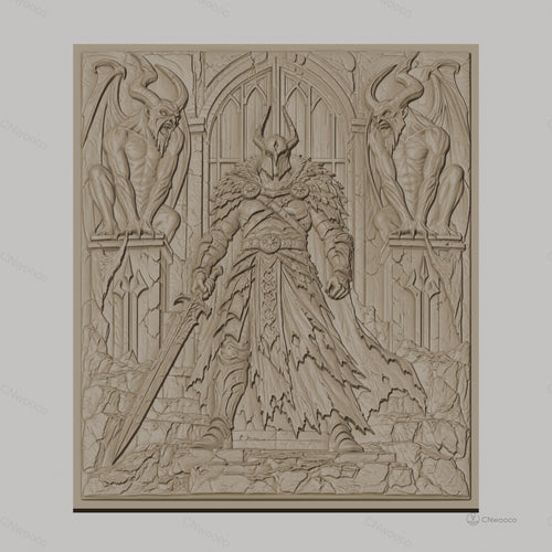 Fichier CNC & impression 3D guerrier médiéval avec épée et gargouilles, haute qualité relief STL