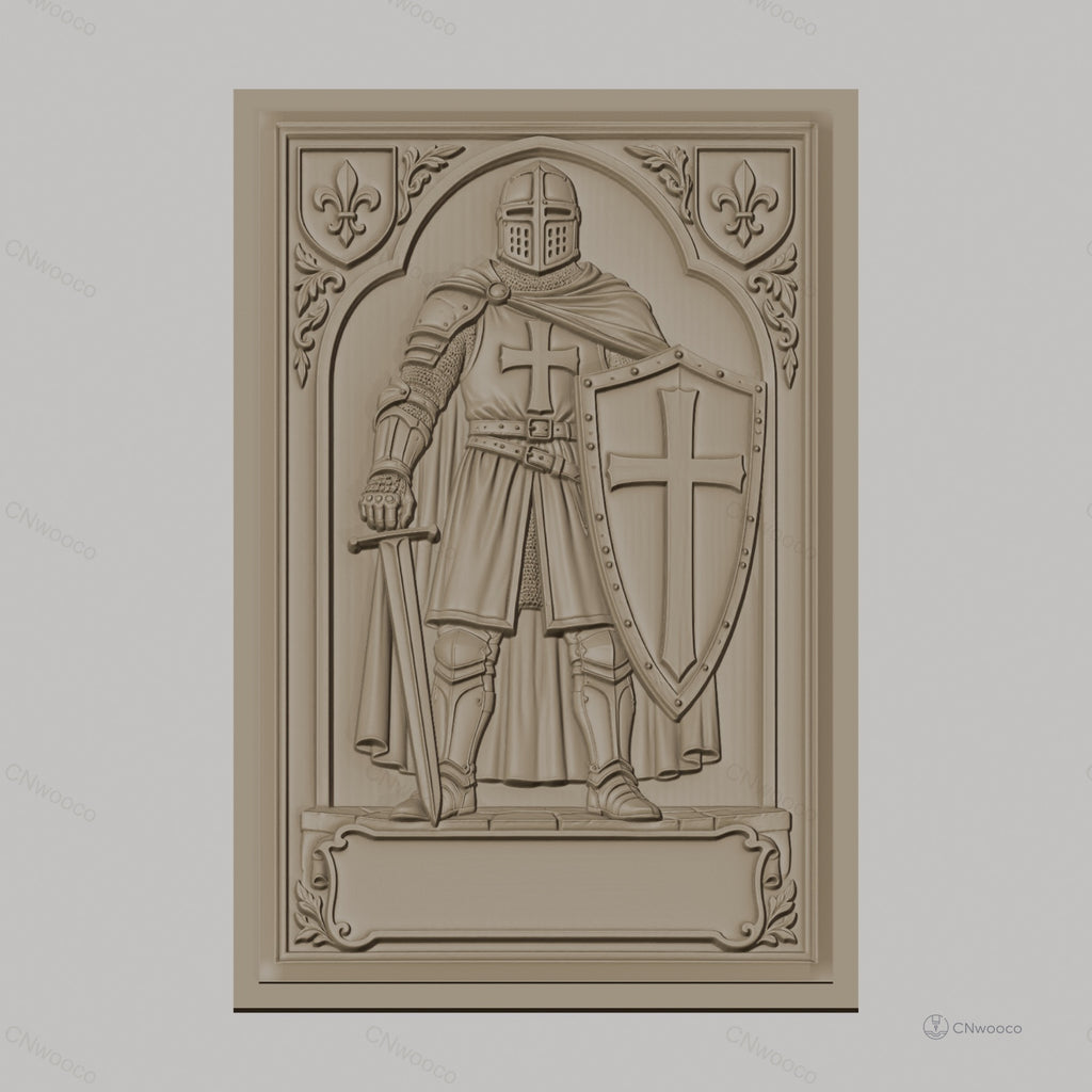 Fichier CNC & impression 3D chevalier armure médiévale, épée et bouclier croix, haute qualité relief STL