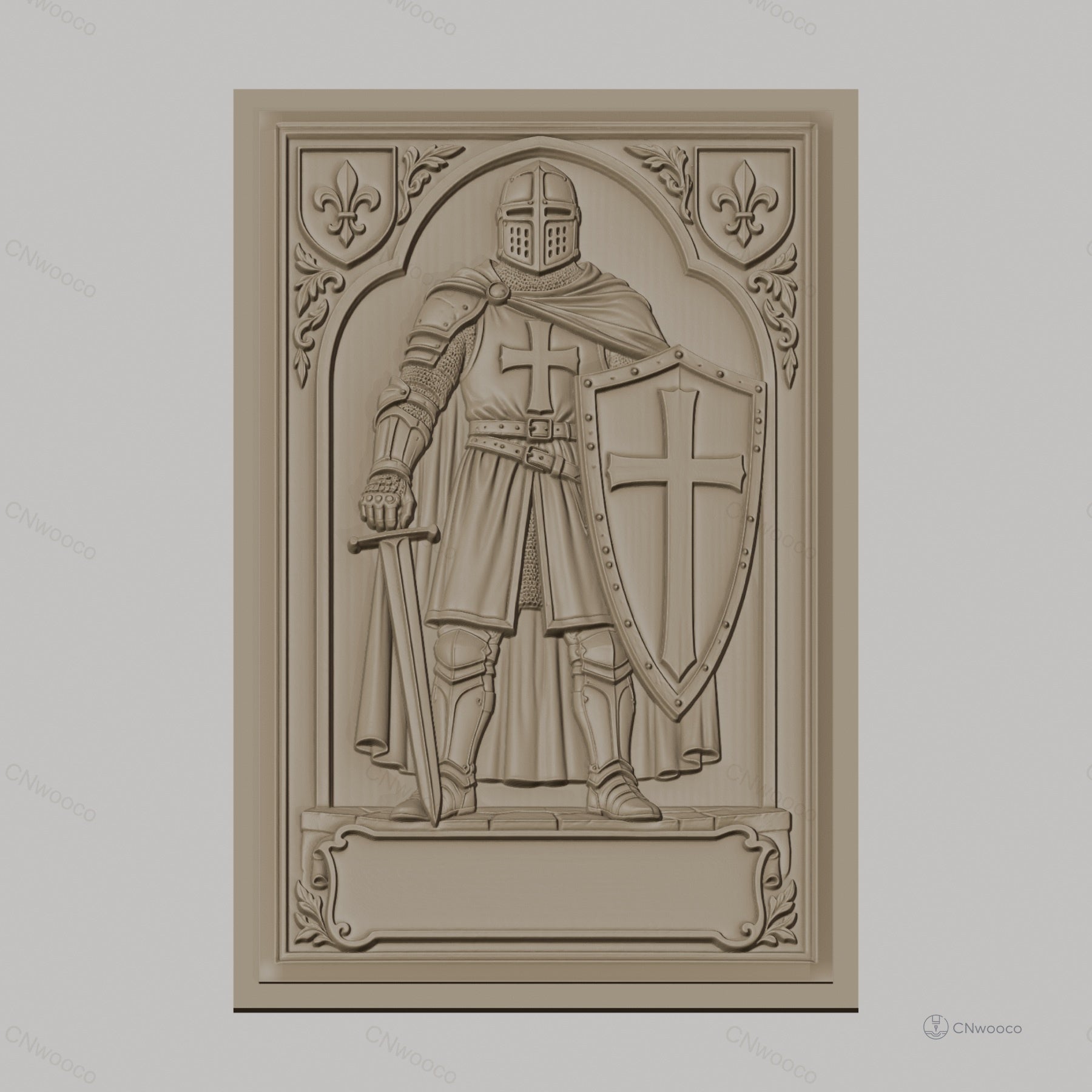 Fichier CNC & impression 3D chevalier armure médiévale, épée et bouclier croix, haute qualité relief STL