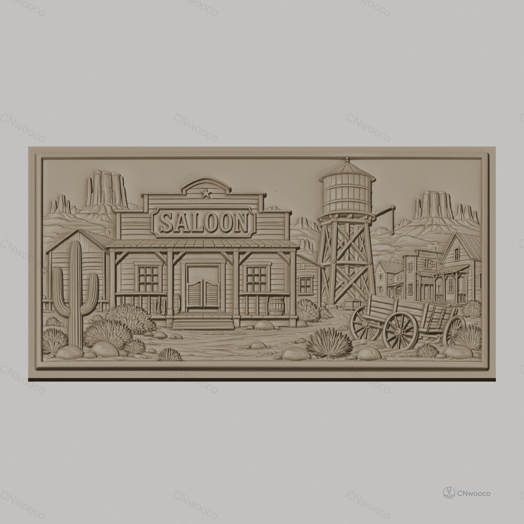 Fichier CNC & impression 3D western village saloon chariot cactus haute qualité relief STL