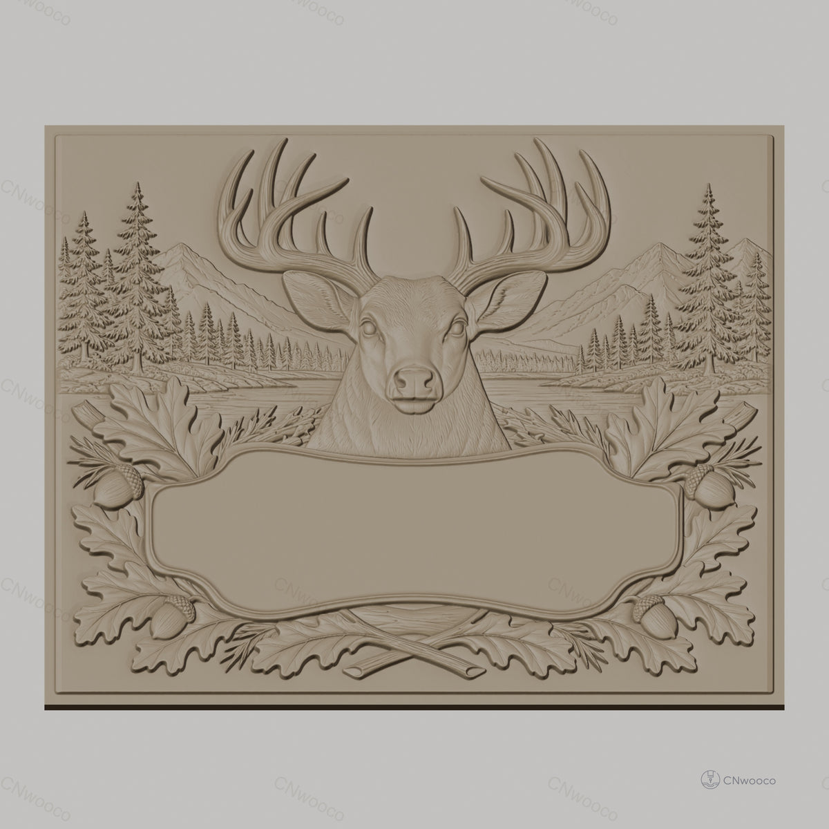 Fichier CNC & impression 3D cerf majestueux, décor forêt, montagnes et gland, haute qualité relief STL