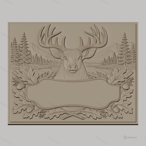 Fichier CNC & impression 3D cerf majestueux, décor forêt, montagnes et gland, haute qualité relief STL
