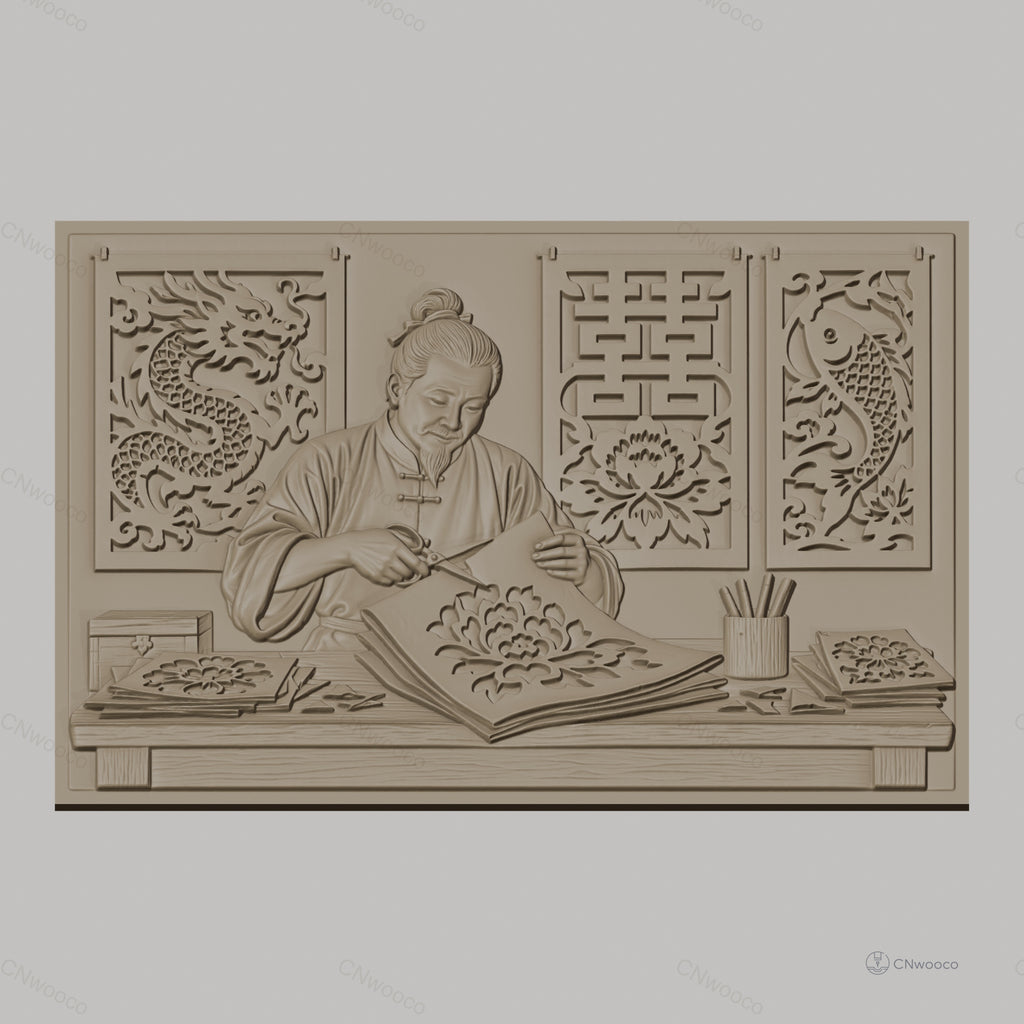 Fichier CNC & impression 3D artisan chinois découpage papier, fleurs, dragon, poisson, haute qualité relief STL