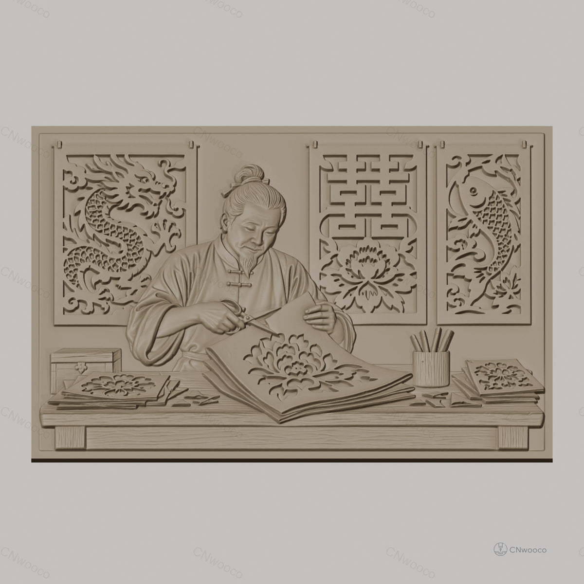 Fichier CNC & impression 3D artisan chinois découpage papier, fleurs, dragon, poisson, haute qualité relief STL