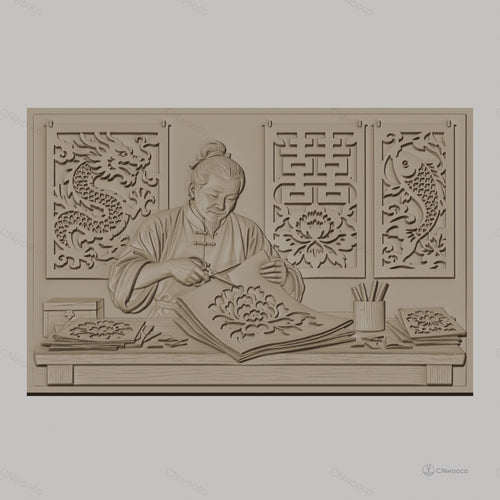 Fichier CNC & impression 3D artisan chinois découpage papier, fleurs, dragon, poisson, haute qualité relief STL